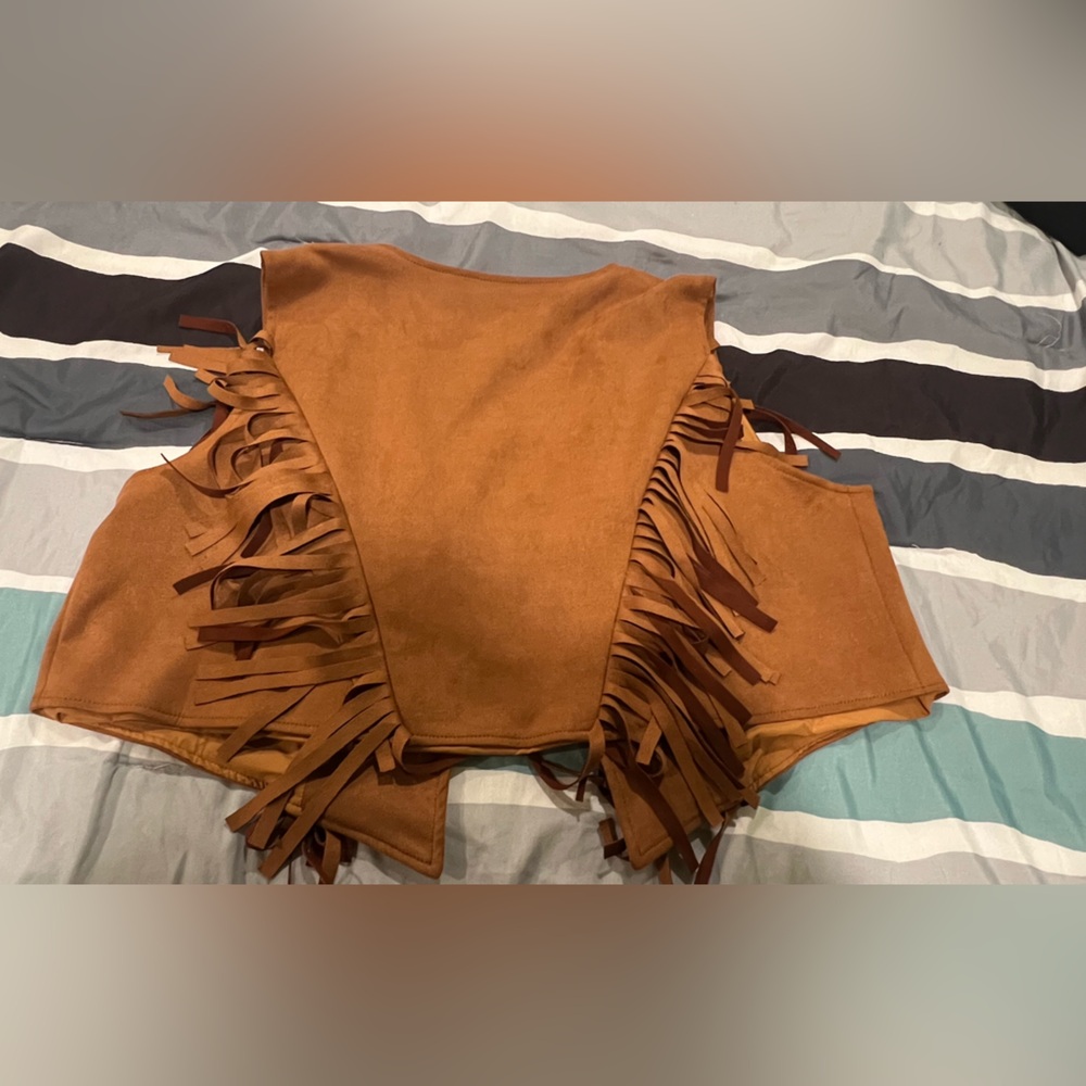 BIG SALE(4 for $40)- Fringed Embroidered Suede Vest - Brown - Picture 2 of 3